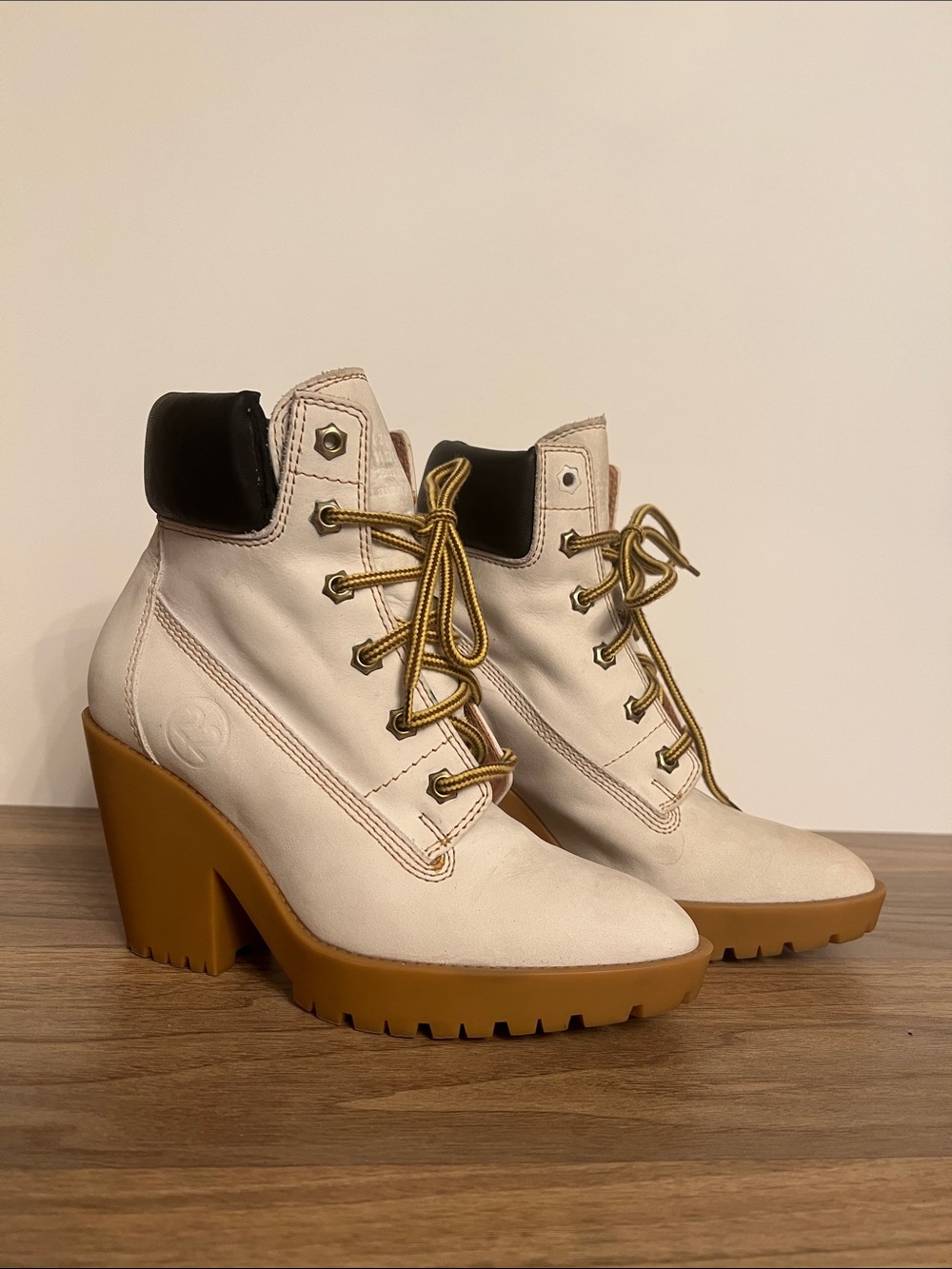 Maison Martin Margiela Cream Lace-Up Chunky Heel Boots with Tan Lug Sole